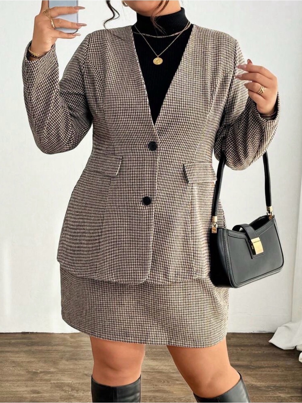 Checked Blazer and Skirt Set - Brown Houndstooth Jacket and Skirt